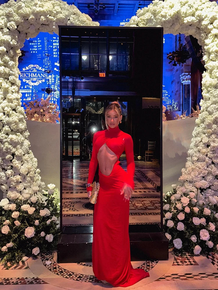 Party Dresses For Women Fashion Sexy Streetwear Solid Hollow Out Turtleneck Full Sleeves Slim Elegant Long Vestidos Robes Female 2026 Night Dress High Elegance