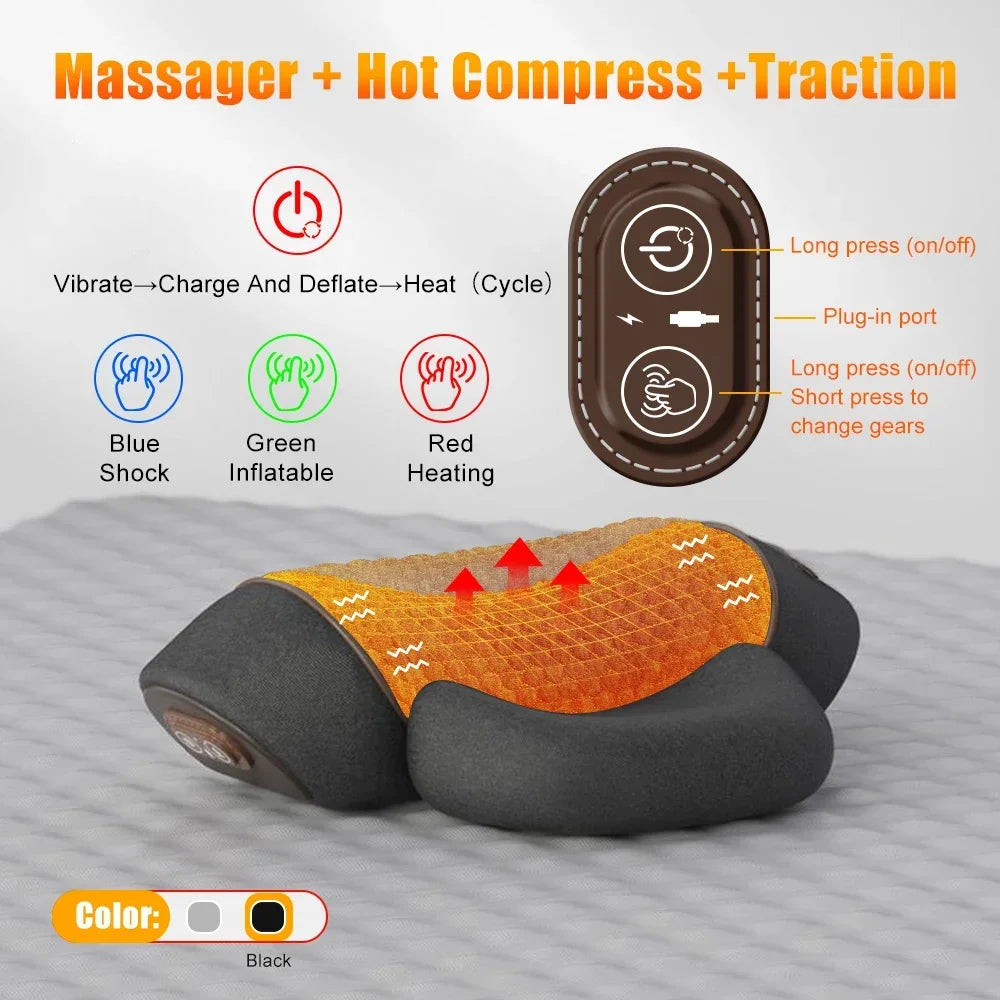 Cojín Masajeador de Cuello Eléctrico — Estirador Cervical con Calor, Vibración y Masaje, Tracción para la Espalda, Almohada Ortopédica para Dormir con Soporte