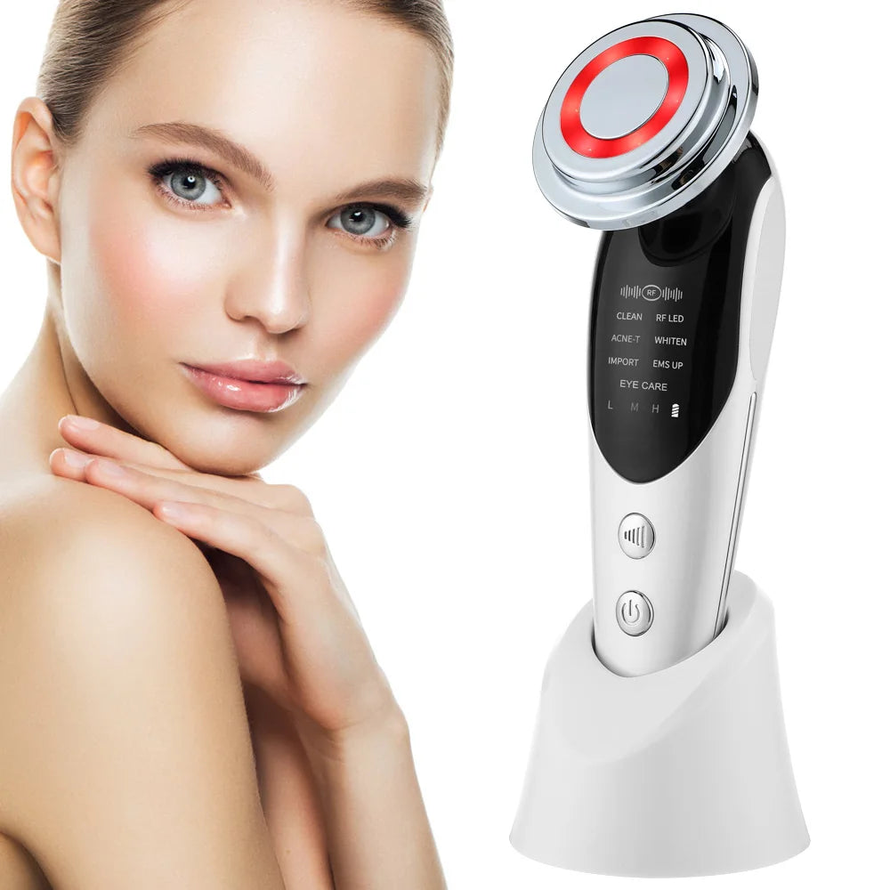 Masajeador Facial EMS 7 en 1 — Lifting Facial, Aclara la Piel, Limpieza Profunda, Infusión de Esencias, Máquina de Belleza para el Cuidado de la Piel.