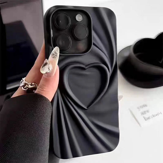 Fashion Fold Wrinkle 3D Love Heart Phone Case For iPhone 13 14 15 Pro Max 16 Plus 11 12 17 ProMax Soft Matte Silicone Full Cover 2026 Modern and Exclusive