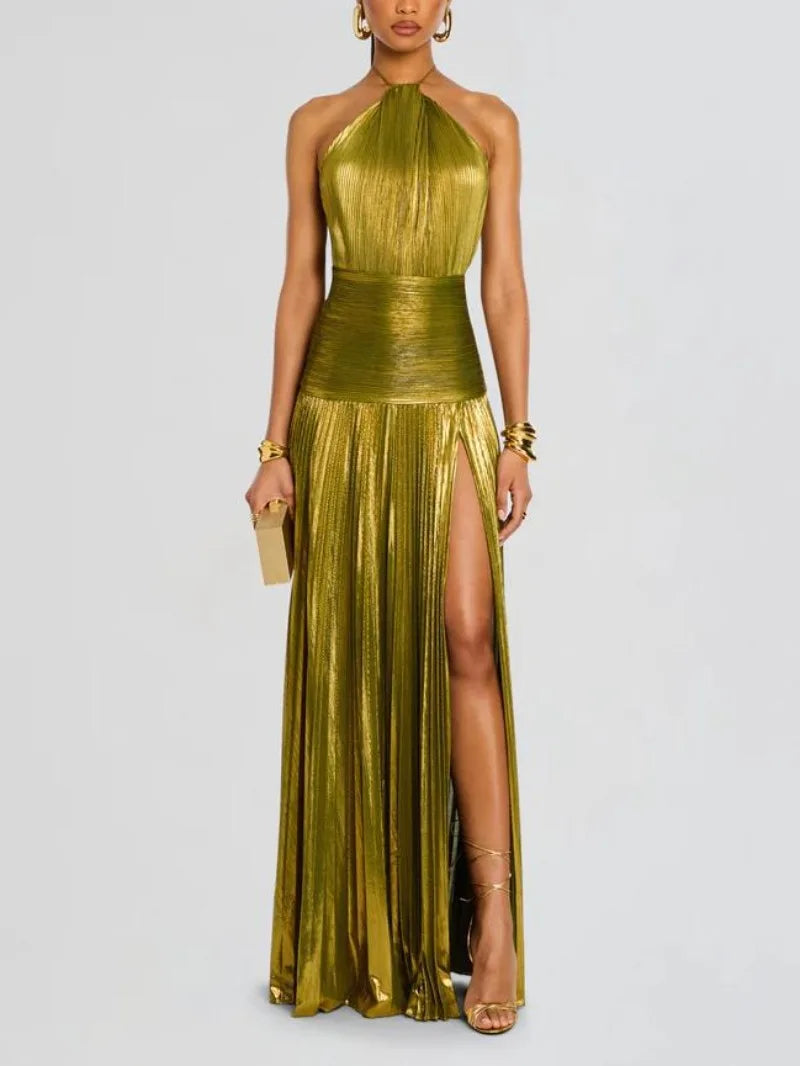 Luxurious Women Corset Party Cocktail Dress Sexy Off Shoulder Halter Folds Slit Guest Celebrity Long Dress Celebrity Prom Gown 2026 GOLD FASHION. VESTIDO PARA OCASION ELEGANTE