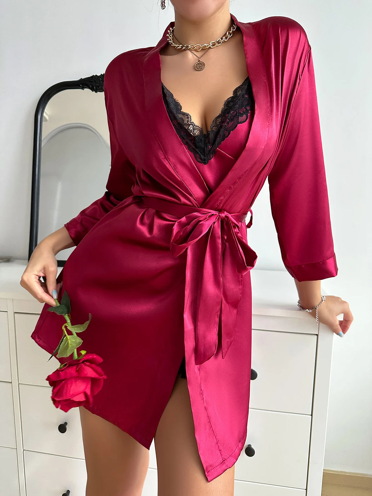 Solid Satin Pajama Set Long Sleeve Robe With Belt & Contrast Lace V Neck Slip Dress Women's Sleepwear. Sexy, 2026