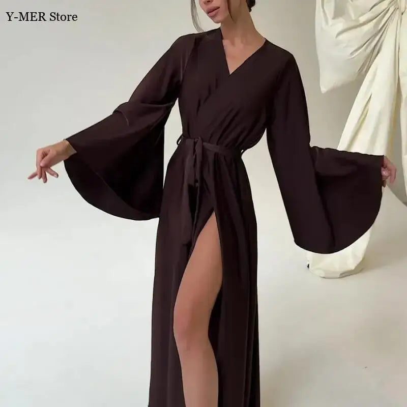 Women's Dress New Spring Summer Satin Loose Robe Sexy High Waisted Split Party Dresses Casual Multi-Color Lace Up Dress Vestidos 2026 High Elegance