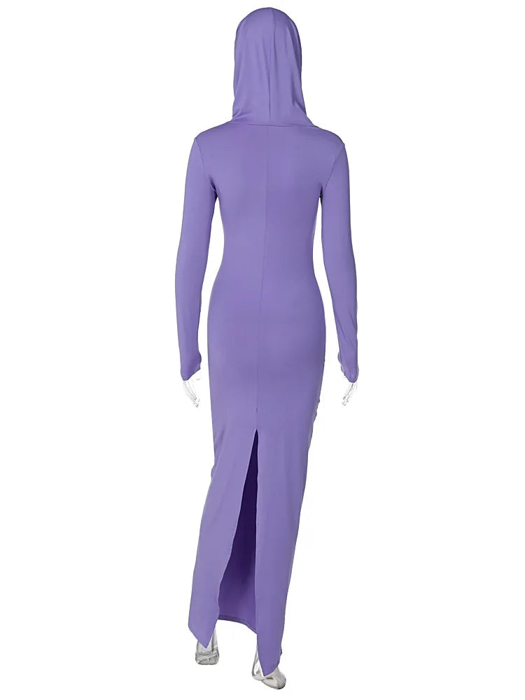 Hooded Long Dress For Women Y2k Clothes Sexy Streetwear Long Sleeve Bodycon Vestidos De Mujer Solid Robe Femme Été Back Split Diva 2026