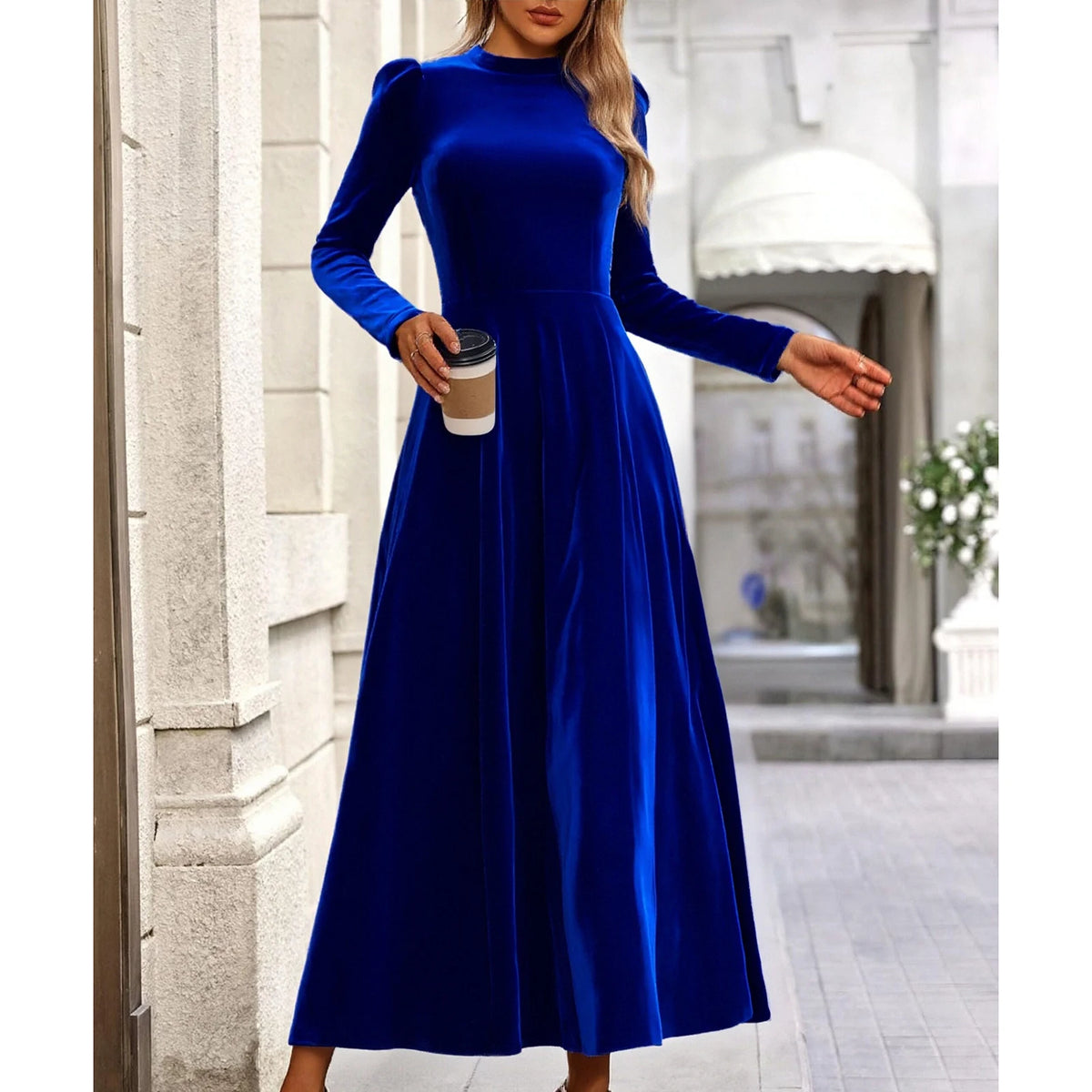 Modern European Elegance Women's Comfortable Velvet Dress Spring Autumn Solid Color Round Neck Long Long Dresses Elegant Women's Dress, vestido