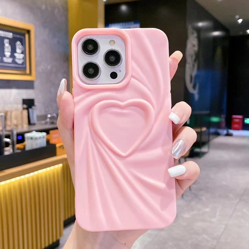 Fashion Fold Wrinkle 3D Love Heart Phone Case For iPhone 13 14 15 Pro Max 16 Plus 11 12 17 ProMax Soft Matte Silicone Full Cover 2026 Modern and Exclusive