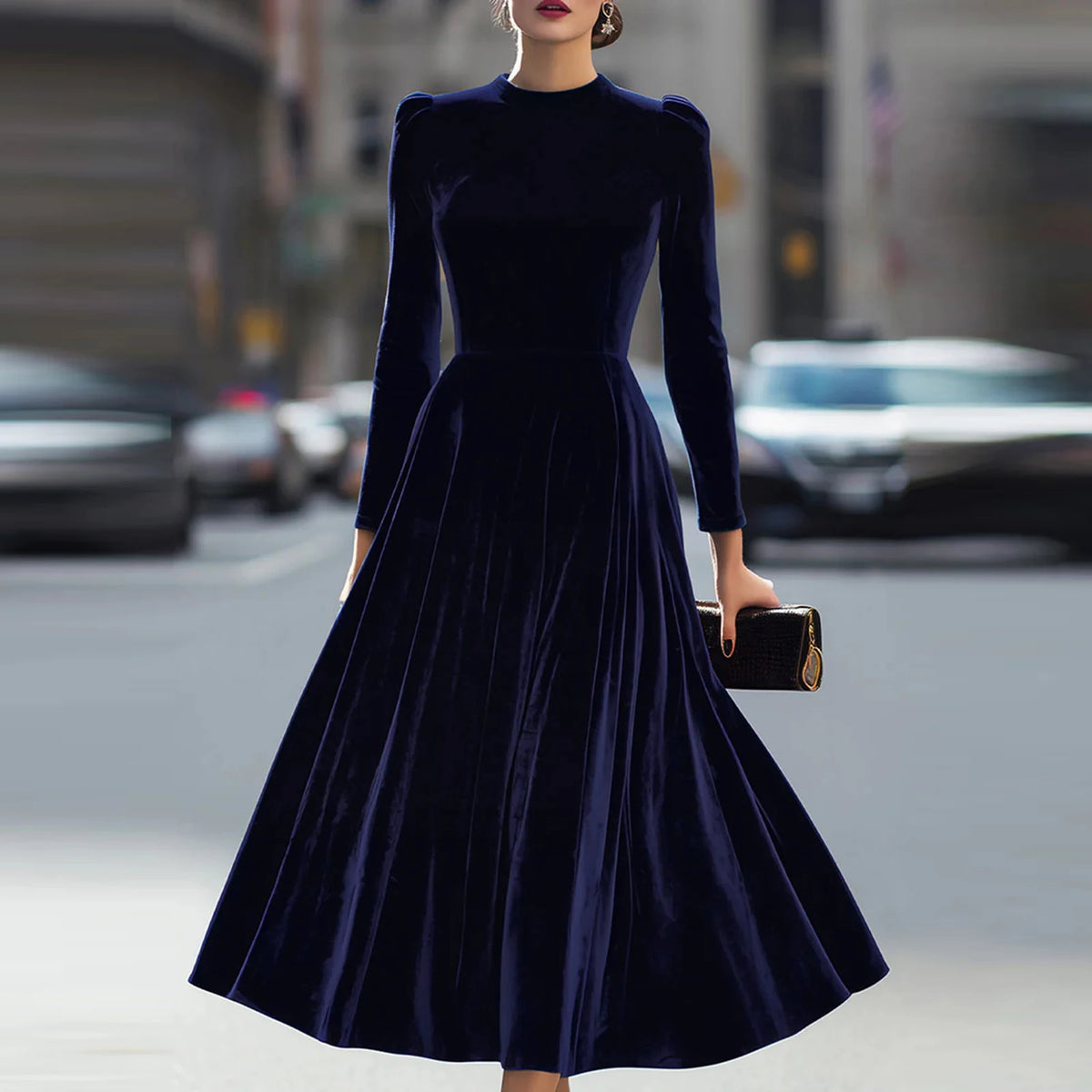 Modern European Elegance Women's Comfortable Velvet Dress Spring Autumn Solid Color Round Neck Long Long Dresses Elegant Women's Dress, vestido