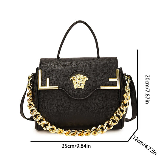 Chic Luxe Medusa-Inspired Handbag Leather-Texture PU Large Capacity Flap Magnetic Chain Adjustable Strap Crossbody Bag for Daily 2026