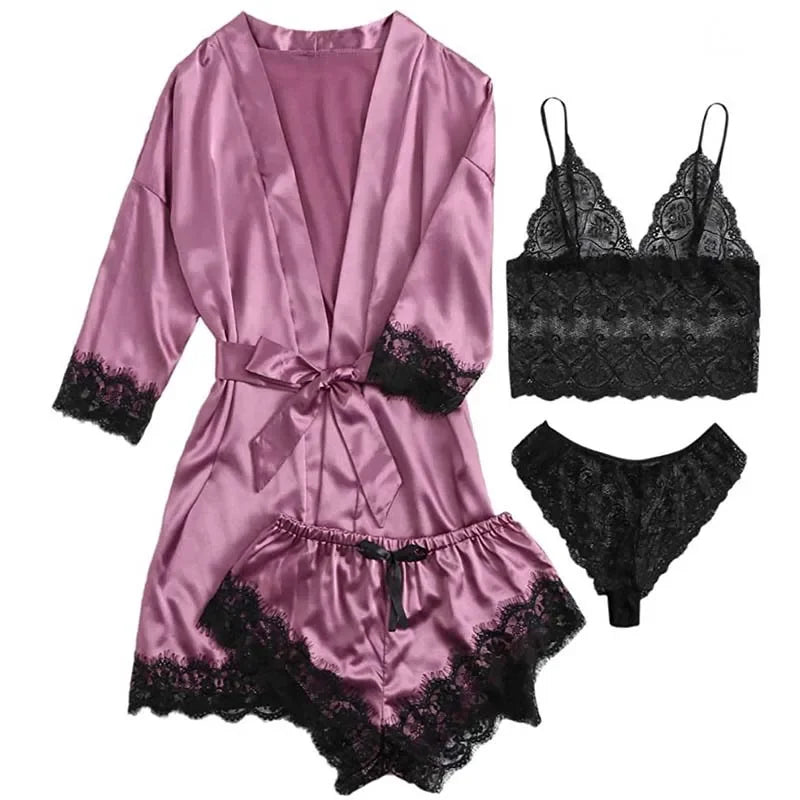 4 Pieces Woman Sleepwear Pajamas Ser With Robe Sexy Lace Lingerie Bathrobe Silk Satin Home Clothed Nightwear Robe. 2026