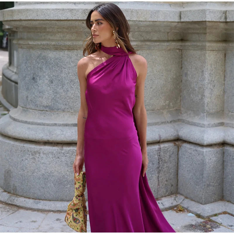 Elegant Ribbon Halter Dress Women Solid Off Shoulder Sleeveless Backless Slim Maxi Dresses 2025 Summer Autumn Party Robes Lady 2026 Vestido Elegante Para Ocasión Especial