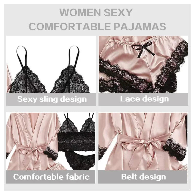 4 Pieces Woman Sleepwear Pajamas Ser With Robe Sexy Lace Lingerie Bathrobe Silk Satin Home Clothed Nightwear Robe. 2026