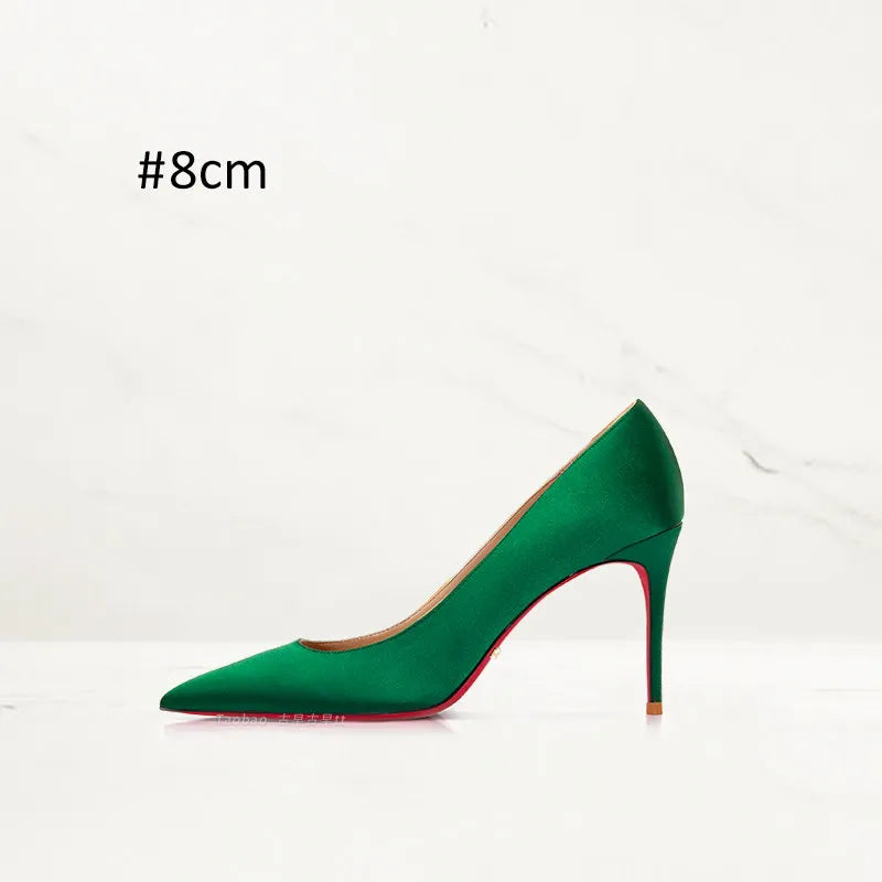 2025 Winter New High-heeled Shoes for Women, Green, Real Silk Satin, Thin Heel, Pointed Toe,Elegant,12cm,Single Shoes for Ladies 2026