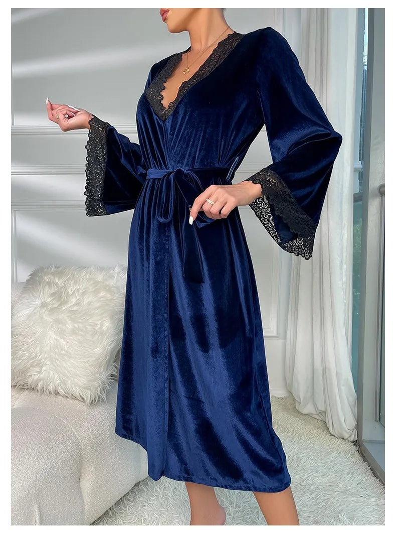 Sexy Lace Up Velour Long Robe Nightwear Women's Sleepwear Burgundy Kimono Bathrobe Gown Intimate Lingerie Autumn New Homewear 2026