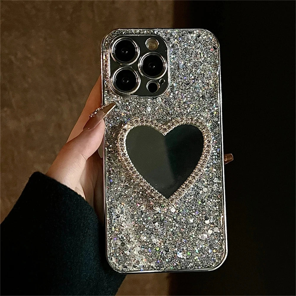 Luxury Bling Glitter Plating 3D Love Heart Mirror Sequins Case For iPhone 17 Air 16 14 15 13 12 11 Pro Max Lens Protection Cover 2026 Modern