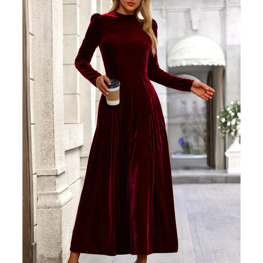 Modern European Elegance Women's Comfortable Velvet Dress Spring Autumn Solid Color Round Neck Long Long Dresses Elegant Women's Dress, vestido