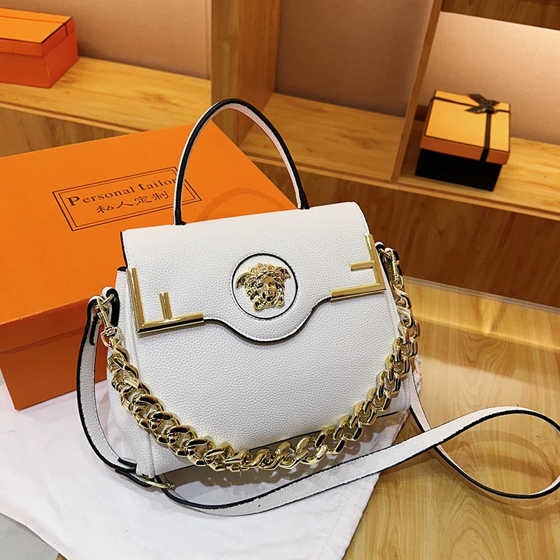 Chic Luxe Medusa-Inspired Handbag Leather-Texture PU Large Capacity Flap Magnetic Chain Adjustable Strap Crossbody Bag for Daily 2026
