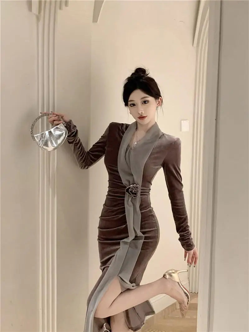 Women Vintage Velvet 3D Flower Ruched Sexy Split Elegant Party Dresses Y2K Winter V Neck Long Sleeve Bodycon Midi Dress Vestidos 2026