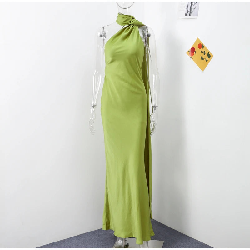 Elegant Ribbon Halter Dress Women Solid Off Shoulder Sleeveless Backless Slim Maxi Dresses 2025 Summer Autumn Party Robes Lady 2026 Vestido Elegante Para Ocasión Especial