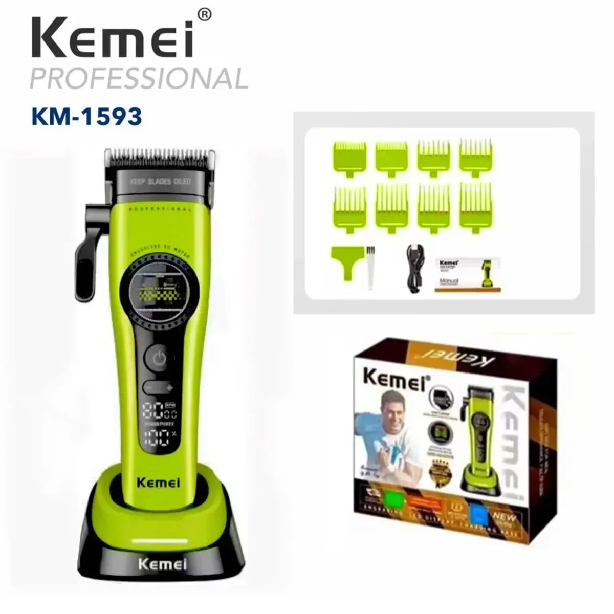 Kemei 1593 1595 Hair Trimmers Professional Barber Hair Clippers F1 -Super Engine External Brushless Motor Hair Cutting Machine 2026