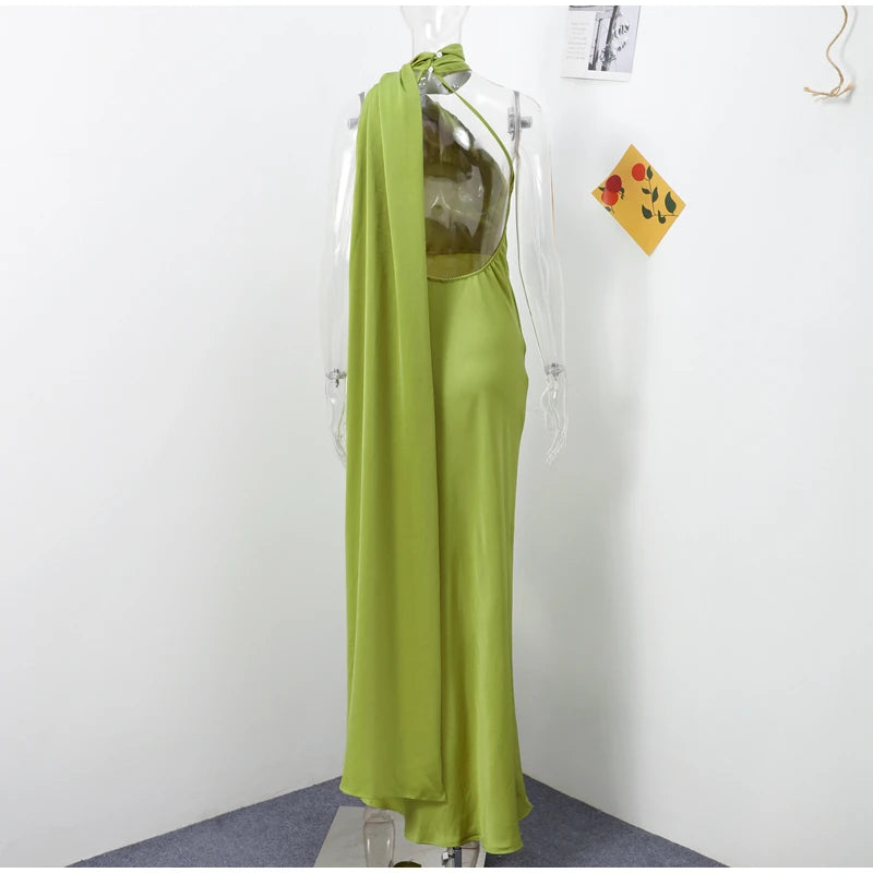 Elegant Ribbon Halter Dress Women Solid Off Shoulder Sleeveless Backless Slim Maxi Dresses 2025 Summer Autumn Party Robes Lady 2026 Vestido Elegante Para Ocasión Especial