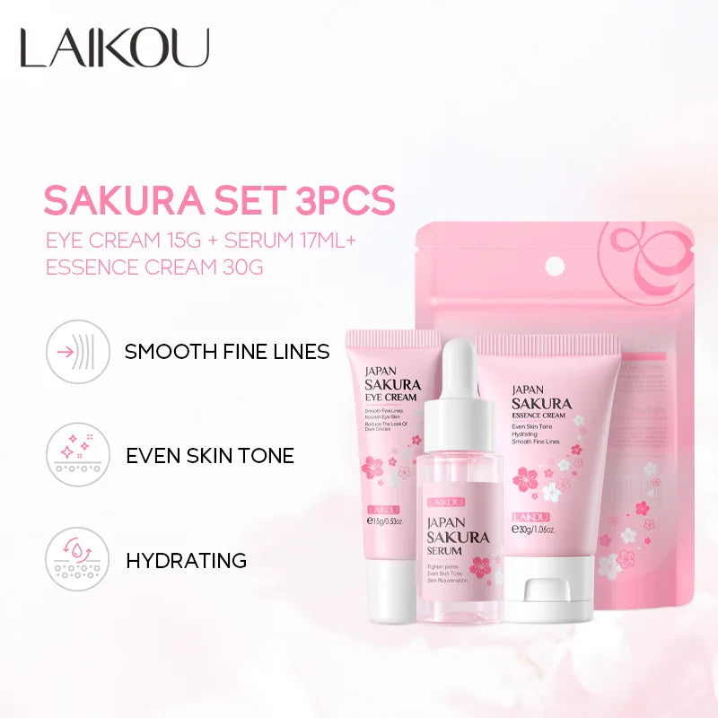 3pcs/set LAIKOU Vitamin C 24K Golden Sakura Skin Care Sets Face Cream Serum Eye Cream Moisturizing Anti Wrinkles Face Care Kit.2026 SKIN CARE REJUVENECEDOR, HUMECTANTE FACIAL