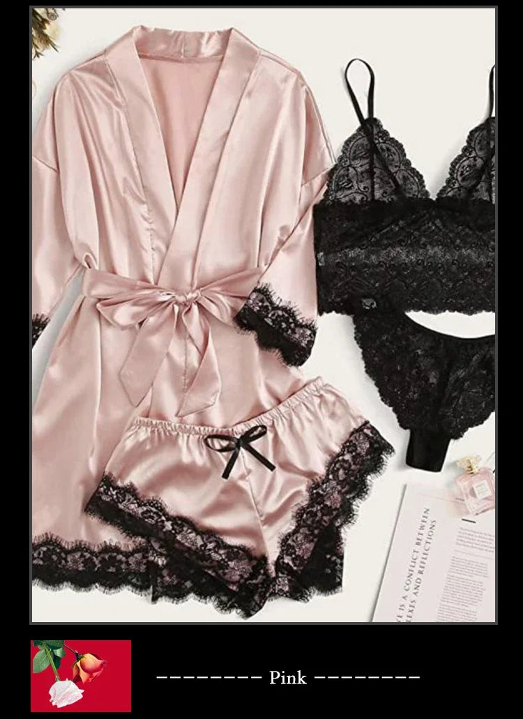 4 Pieces Woman Sleepwear Pajamas Ser With Robe Sexy Lace Lingerie Bathrobe Silk Satin Home Clothed Nightwear Robe. 2026