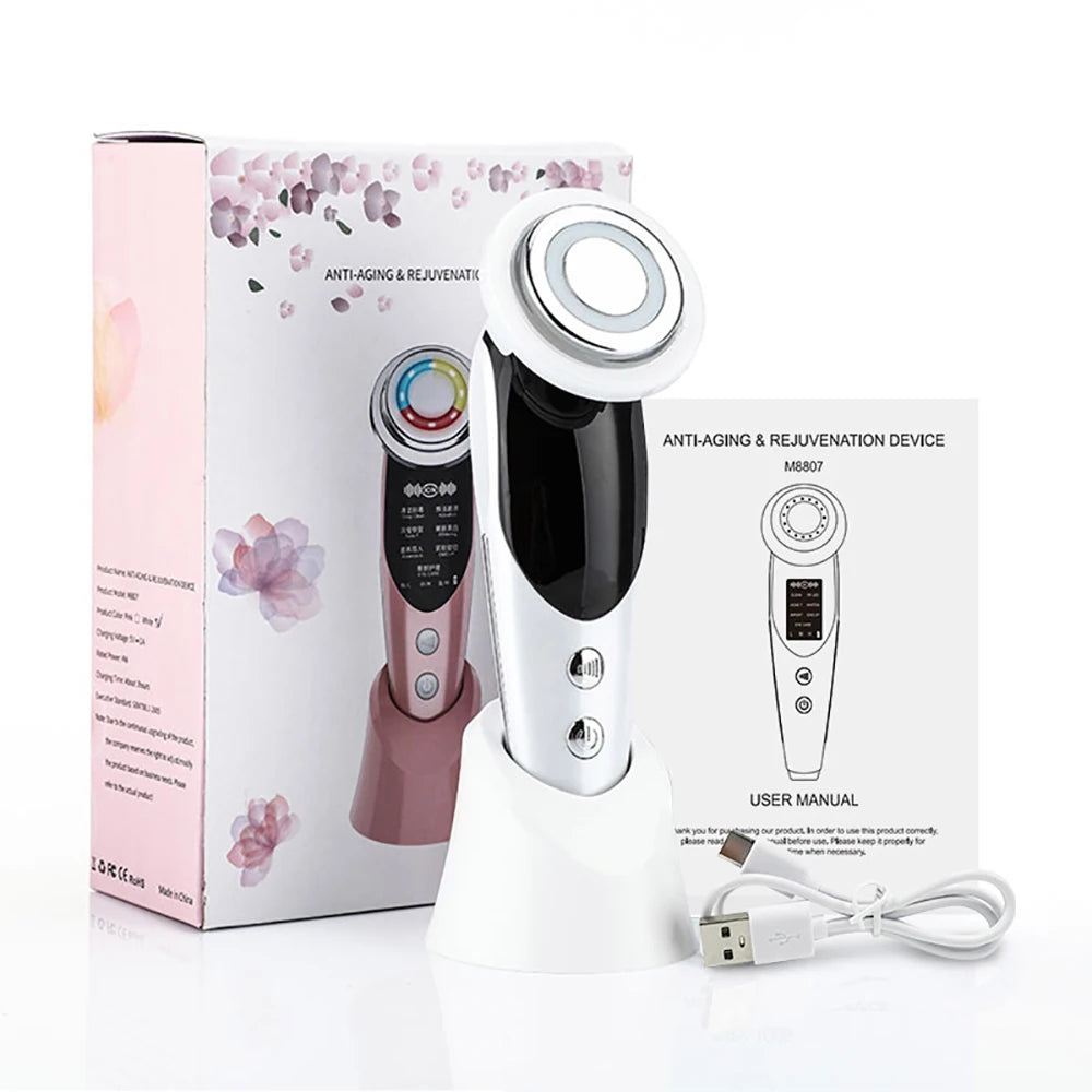 Masajeador Facial EMS 7 en 1 — Lifting Facial, Aclara la Piel, Limpieza Profunda, Infusión de Esencias, Máquina de Belleza para el Cuidado de la Piel.