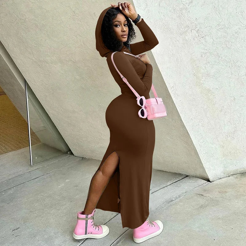 Hooded Long Dress For Women Y2k Clothes Sexy Streetwear Long Sleeve Bodycon Vestidos De Mujer Solid Robe Femme Été Back Split Diva 2026