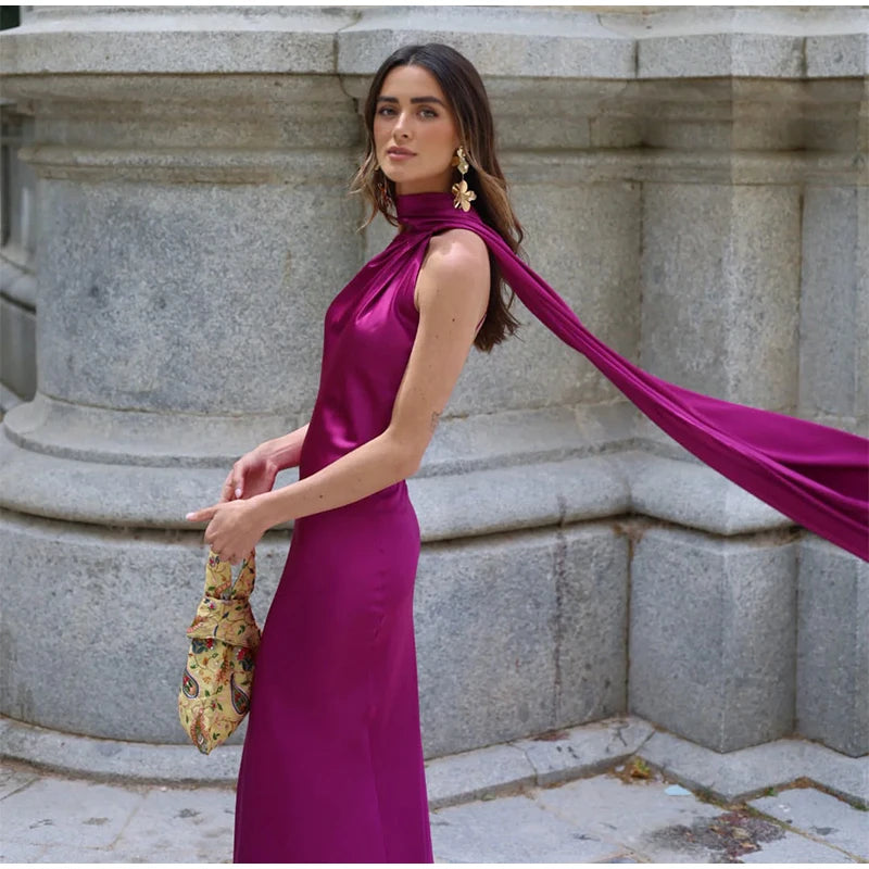 Elegant Ribbon Halter Dress Women Solid Off Shoulder Sleeveless Backless Slim Maxi Dresses 2025 Summer Autumn Party Robes Lady 2026 Vestido Elegante Para Ocasión Especial
