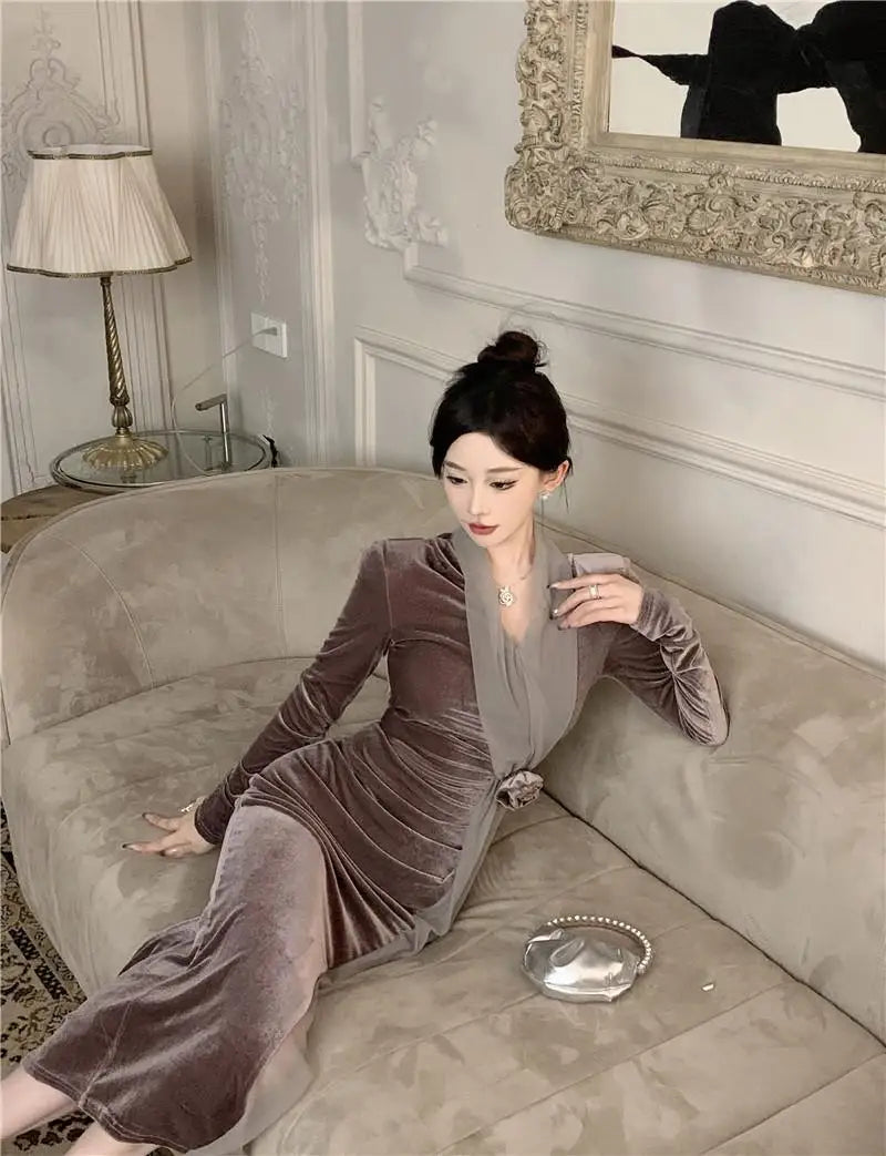 Women Vintage Velvet 3D Flower Ruched Sexy Split Elegant Party Dresses Y2K Winter V Neck Long Sleeve Bodycon Midi Dress Vestidos 2026