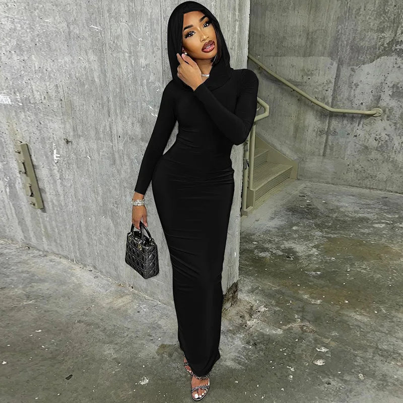 Hooded Long Dress For Women Y2k Clothes Sexy Streetwear Long Sleeve Bodycon Vestidos De Mujer Solid Robe Femme Été Back Split Diva 2026
