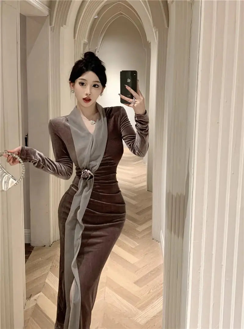 Women Vintage Velvet 3D Flower Ruched Sexy Split Elegant Party Dresses Y2K Winter V Neck Long Sleeve Bodycon Midi Dress Vestidos 2026