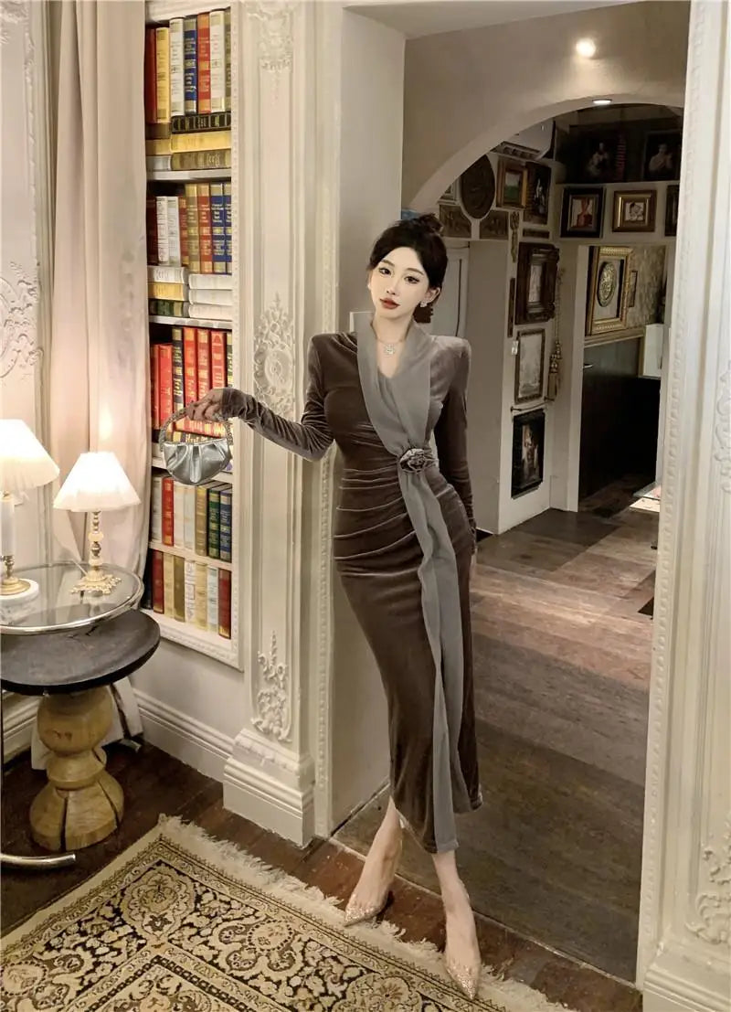 Women Vintage Velvet 3D Flower Ruched Sexy Split Elegant Party Dresses Y2K Winter V Neck Long Sleeve Bodycon Midi Dress Vestidos 2026