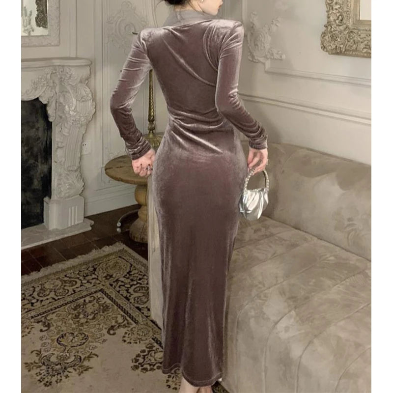 Women Vintage Velvet 3D Flower Ruched Sexy Split Elegant Party Dresses Y2K Winter V Neck Long Sleeve Bodycon Midi Dress Vestidos 2026