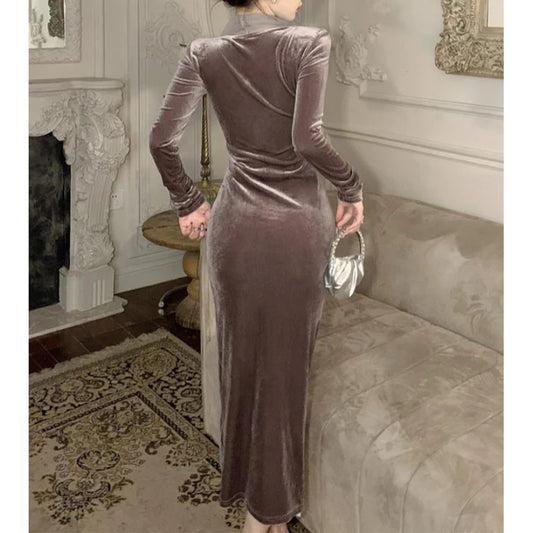 Women Vintage Velvet 3D Flower Ruched Sexy Split Elegant Party Dresses Y2K Winter V Neck Long Sleeve Bodycon Midi Dress Vestidos 2026