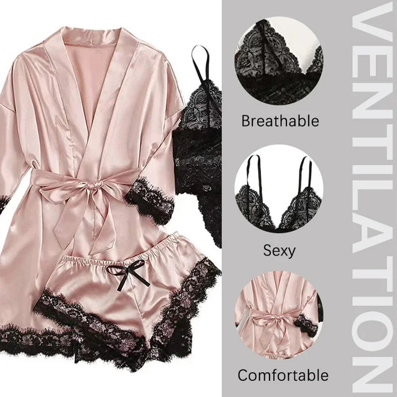 4 Pieces Woman Sleepwear Pajamas Ser With Robe Sexy Lace Lingerie Bathrobe Silk Satin Home Clothed Nightwear Robe. 2026