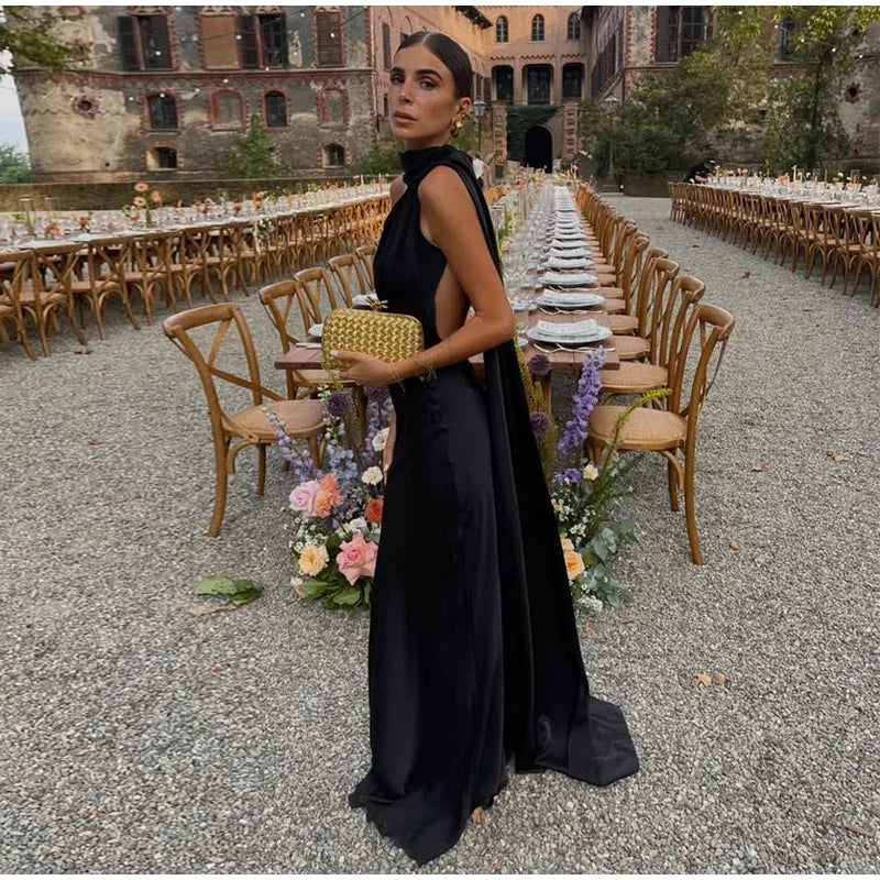 Elegant Ribbon Halter Dress Women Solid Off Shoulder Sleeveless Backless Slim Maxi Dresses 2025 Summer Autumn Party Robes Lady 2026 Vestido Elegante Para Ocasión Especial