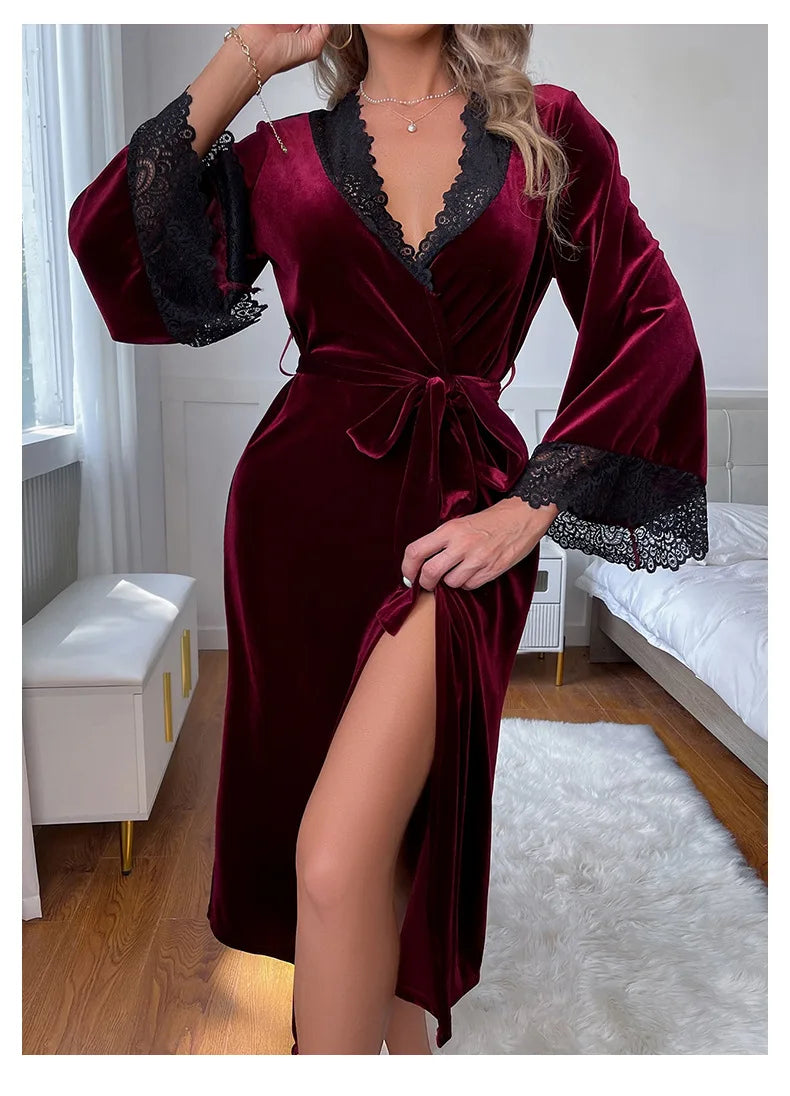 Sexy Lace Up Velour Long Robe Nightwear Women's Sleepwear Burgundy Kimono Bathrobe Gown Intimate Lingerie Autumn New Homewear 2026