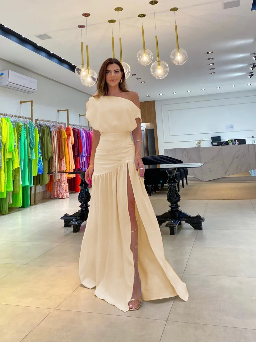 Women Straight Line Collar Dresses Short Sleeves Long Skirt Fashionable One Line Neck Split Floor Sweeping Holiday Sexy Dress 2026 Vestido Para Bodas Elegante Ocasion