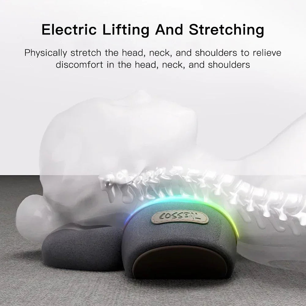 Cojín Masajeador de Cuello Eléctrico — Estirador Cervical con Calor, Vibración y Masaje, Tracción para la Espalda, Almohada Ortopédica para Dormir con Soporte