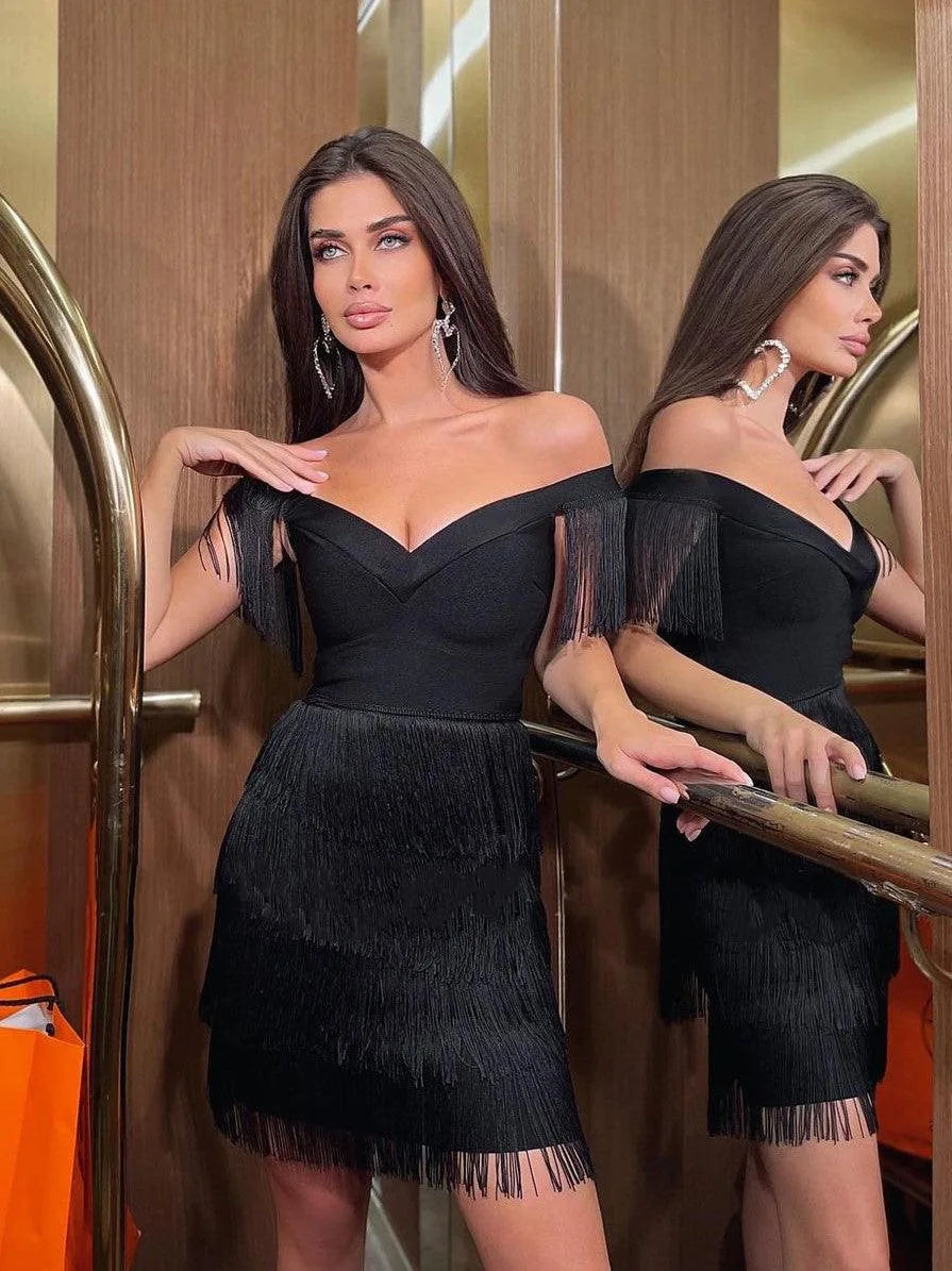 Women Evening Dresses Sexy Big V Neck One-shoulder Fringed Skirt Ladies Temperament Slim Dress Short Sleeve Club Dress Vestidos 2026 Casual Drew