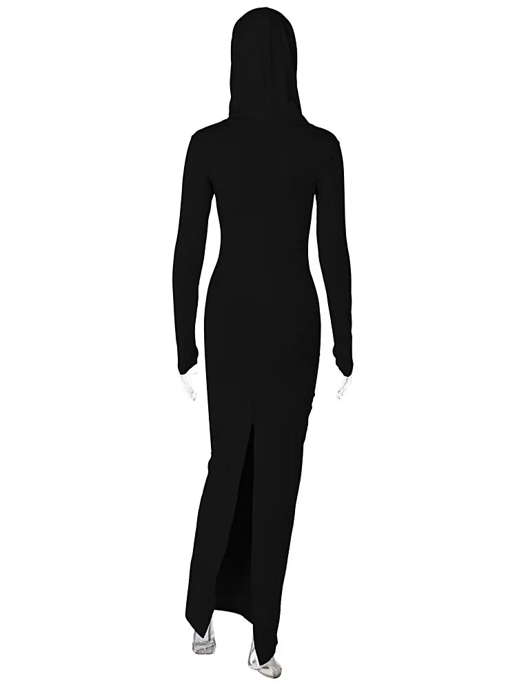 Hooded Long Dress For Women Y2k Clothes Sexy Streetwear Long Sleeve Bodycon Vestidos De Mujer Solid Robe Femme Été Back Split Diva 2026