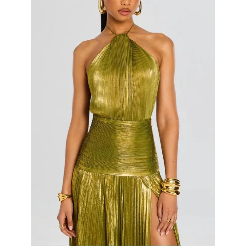 Luxurious Women Corset Party Cocktail Dress Sexy Off Shoulder Halter Folds Slit Guest Celebrity Long Dress Celebrity Prom Gown 2026 GOLD FASHION. VESTIDO PARA OCASION ELEGANTE