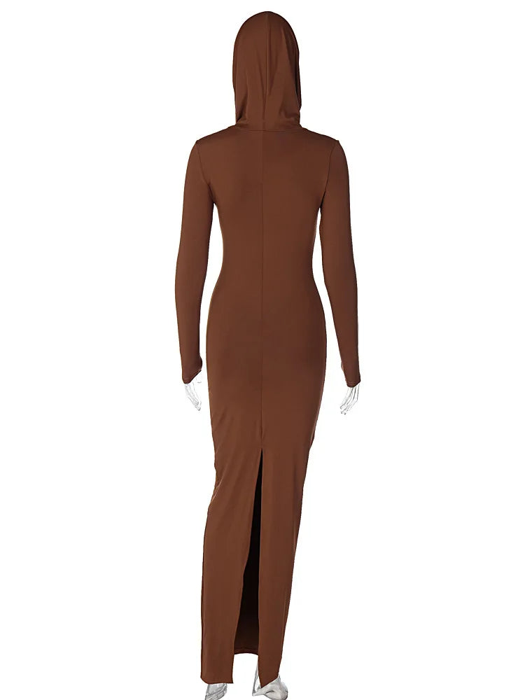 Hooded Long Dress For Women Y2k Clothes Sexy Streetwear Long Sleeve Bodycon Vestidos De Mujer Solid Robe Femme Été Back Split Diva 2026