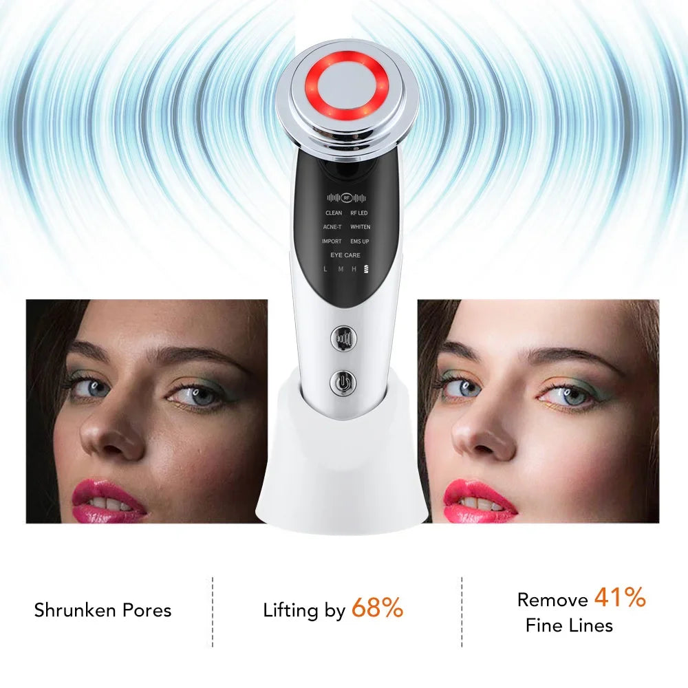 Masajeador Facial EMS 7 en 1 — Lifting Facial, Aclara la Piel, Limpieza Profunda, Infusión de Esencias, Máquina de Belleza para el Cuidado de la Piel.