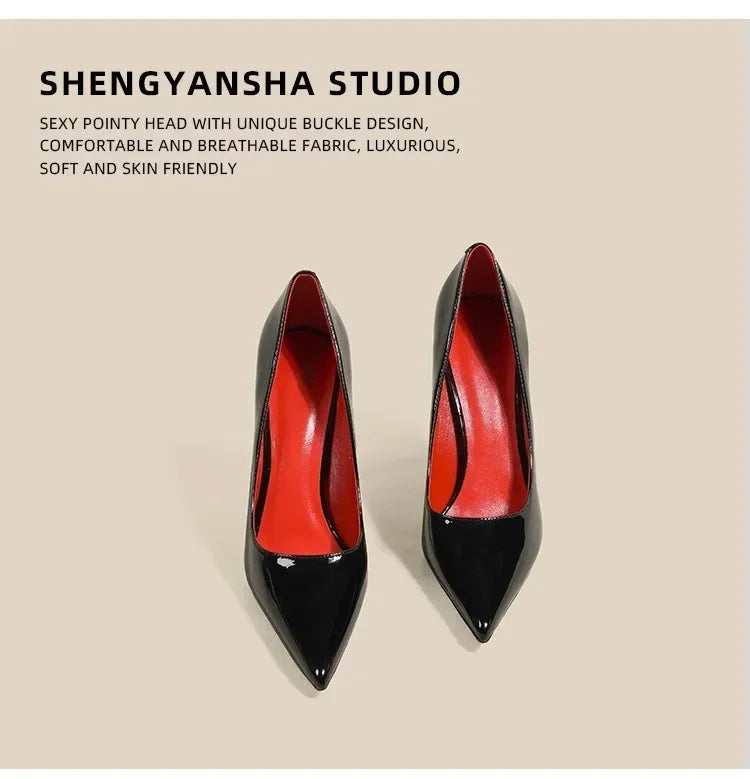 7cm Black Red Sole High Heels Spring Pointed Toe Stiletto Heel Sexy Shiny Single Shoes Fashion Patent Leather Women's Shoes 2026