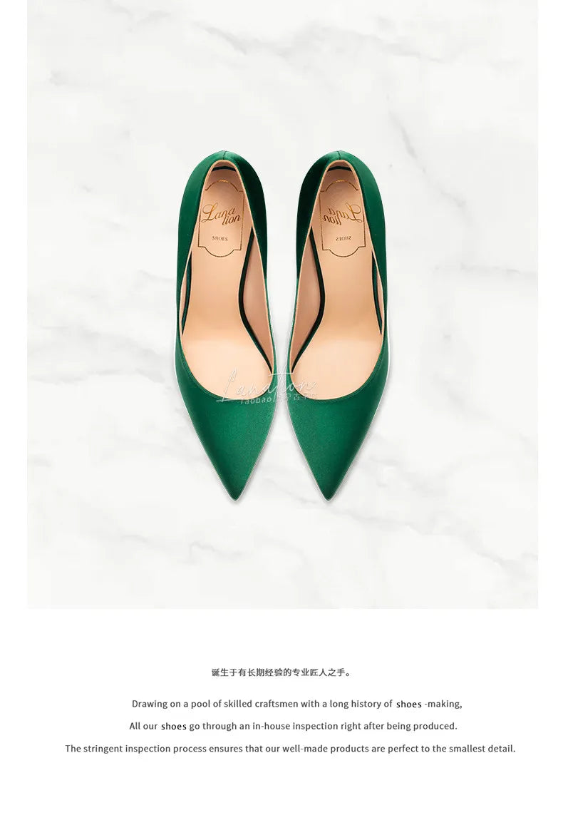2025 Winter New High-heeled Shoes for Women, Green, Real Silk Satin, Thin Heel, Pointed Toe,Elegant,12cm,Single Shoes for Ladies 2026
