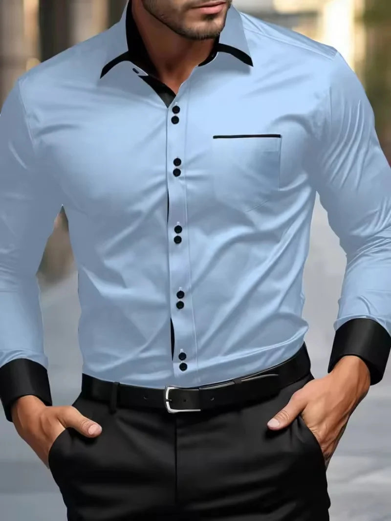 Fashionable men's shirts, men's business casual long sleeved shirts, English style double button shirts, thin collared vacation. Camisa Extra Elastizada. 2026. Elegantes y Casual