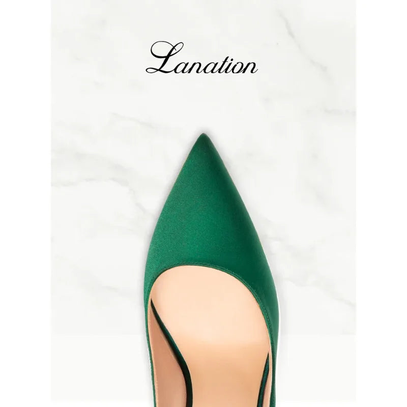 2025 Winter New High-heeled Shoes for Women, Green, Real Silk Satin, Thin Heel, Pointed Toe,Elegant,12cm,Single Shoes for Ladies 2026