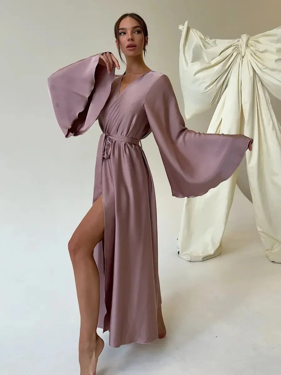 Women's Dress New Spring Summer Satin Loose Robe Sexy High Waisted Split Party Dresses Casual Multi-Color Lace Up Dress Vestidos 2026 High Elegance